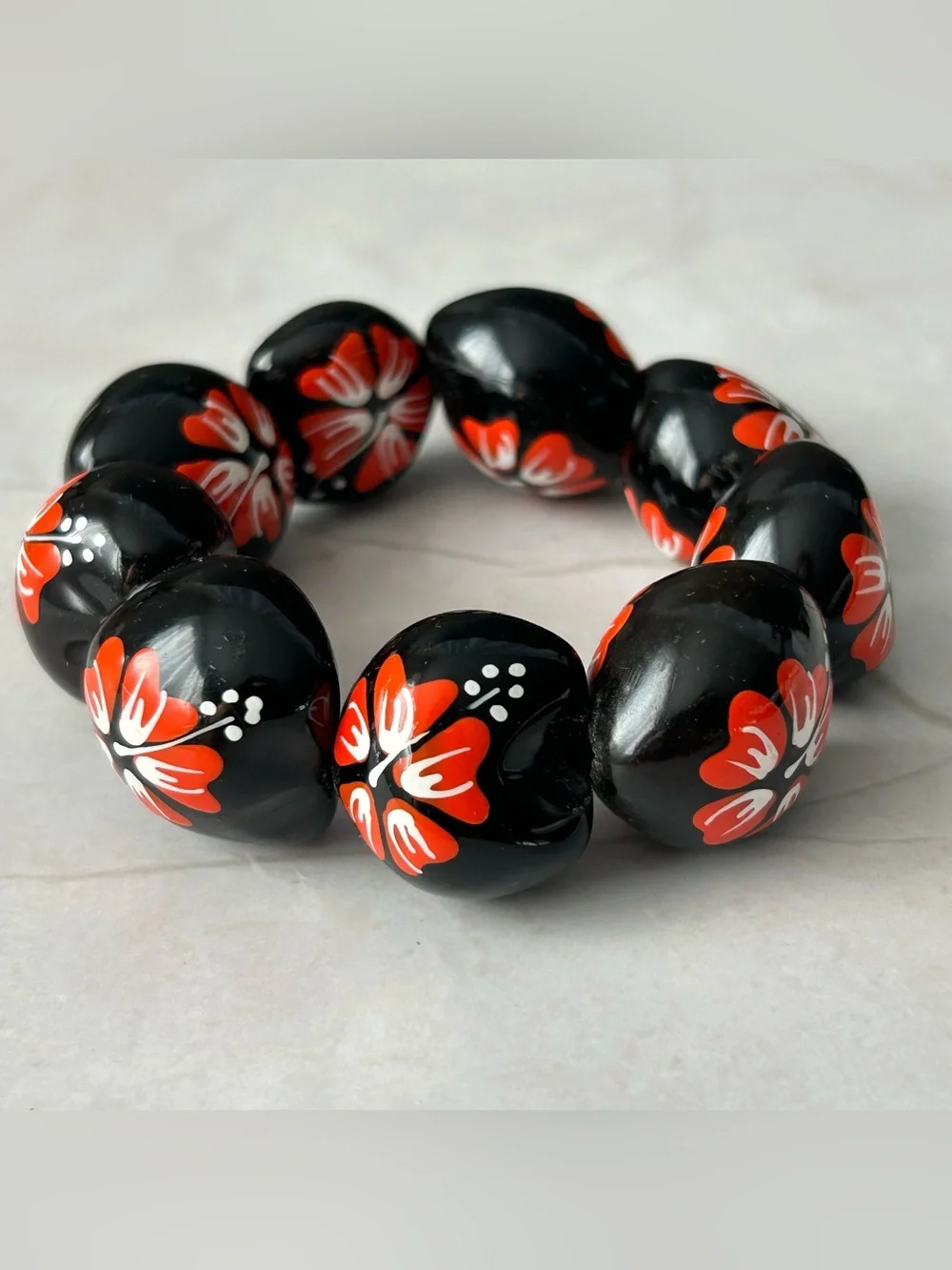 Hand-Painted Black & Red Flower Statement Bracelet