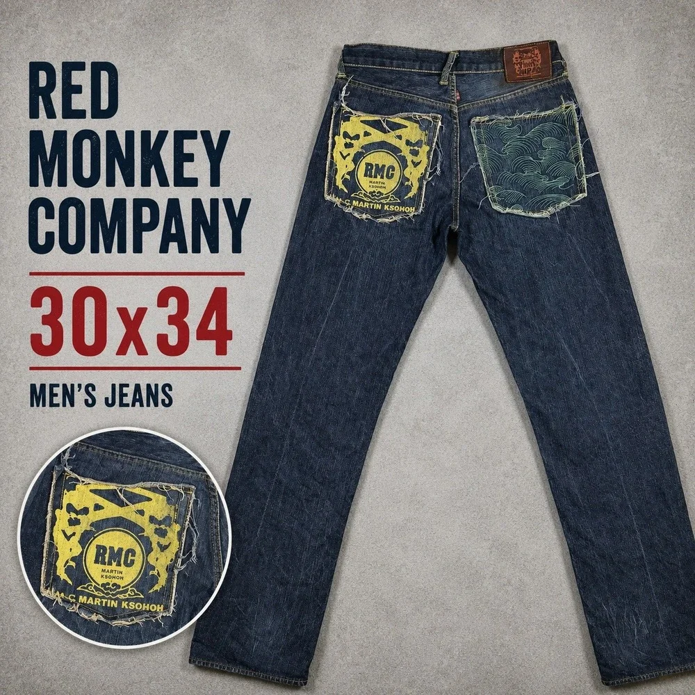 RMC Martin Ksohoh Red Monkey Company Mens Indigo Graphic Jeans Wave Logo 30x34