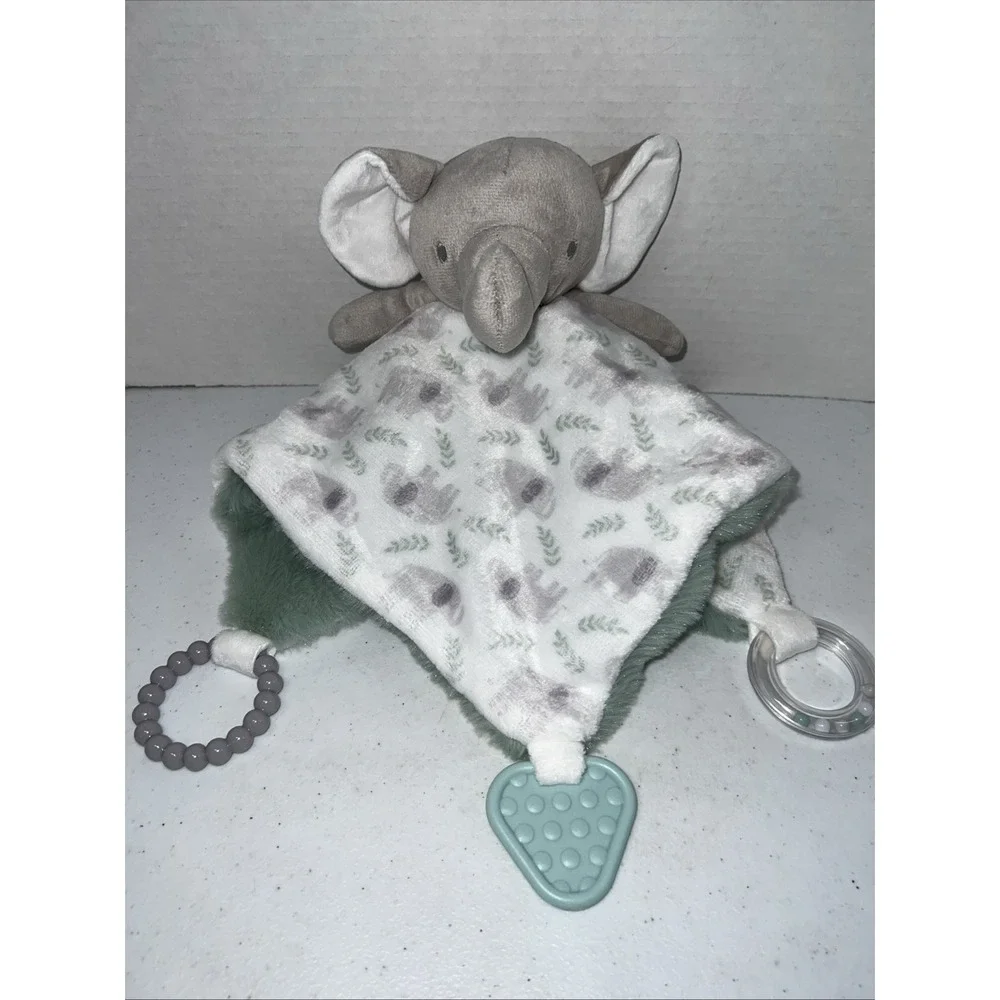 Dream Gro Activity Blankie Elephant Lovey Baby Security Blanket Gray And Green