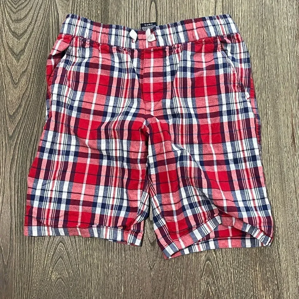 Nautica Boys Youth Plaid Straight-Fit Poplin Flat-Front Shorts Checked Red L/14