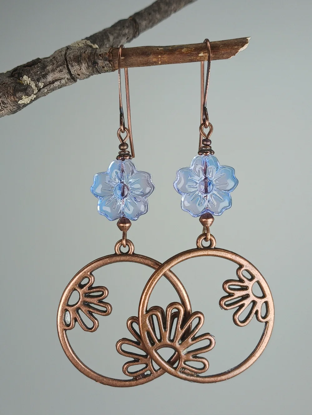 Copper Floral Hoop Earrings Czech Glass Blue Flower Boho Garden Hand Crafted