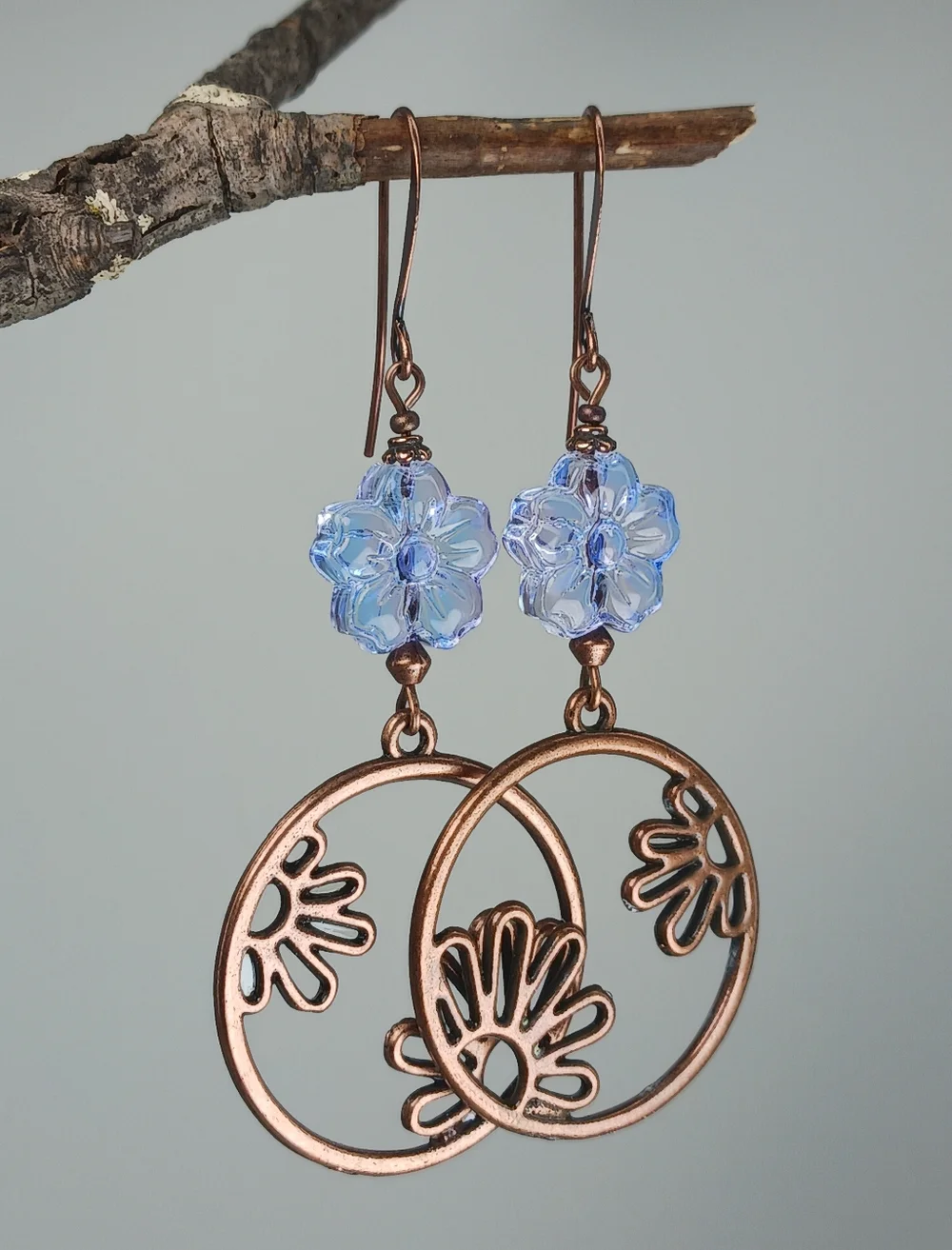 Copper Floral Hoop Earrings Czech Glass Blue Flower Boho Garden Hand Crafted