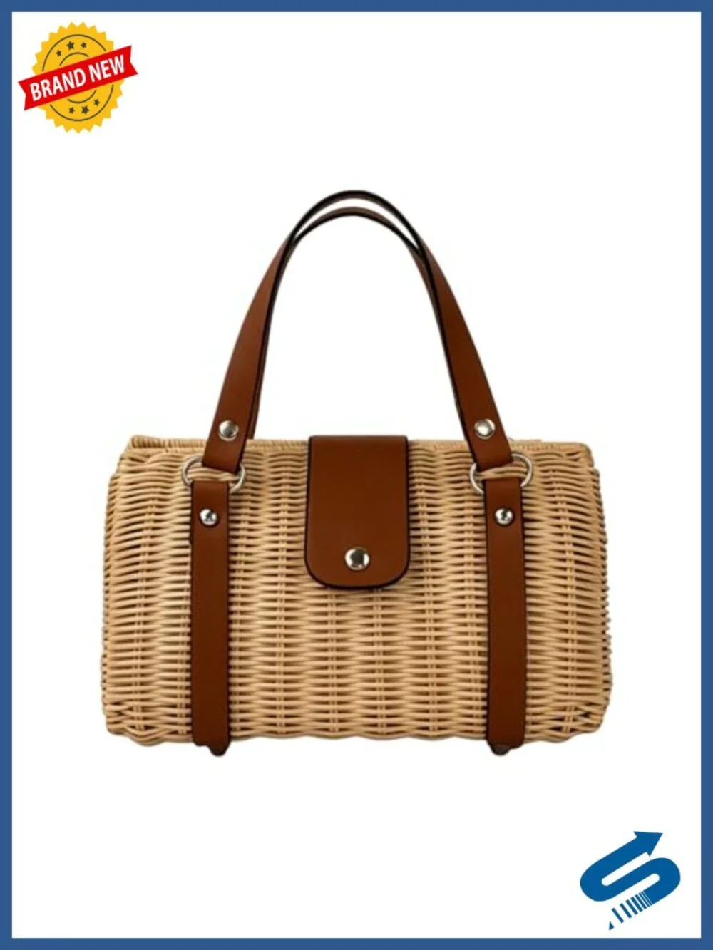 Structured Rattan Straw Tote Bag with Reinforced Handles, Woven Satchel Handbag