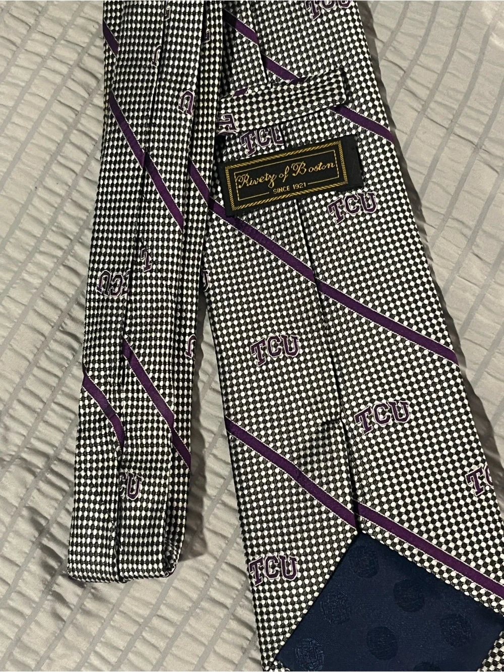 TCU Texas Christian University 100% Silk Neck Tie Rivetz of Boston Purple Logo