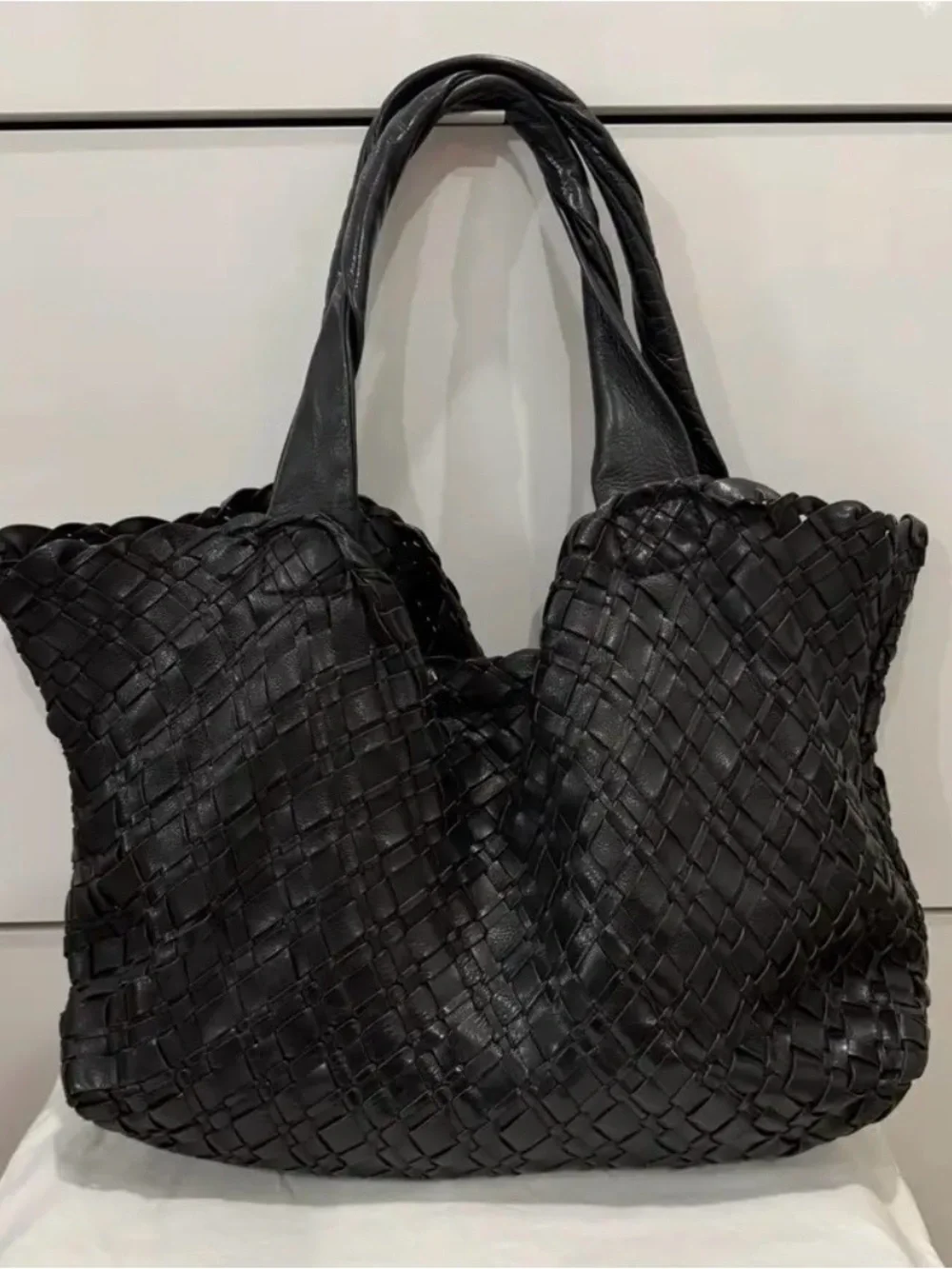 Massimo Dutti Black Woven Leather Tote