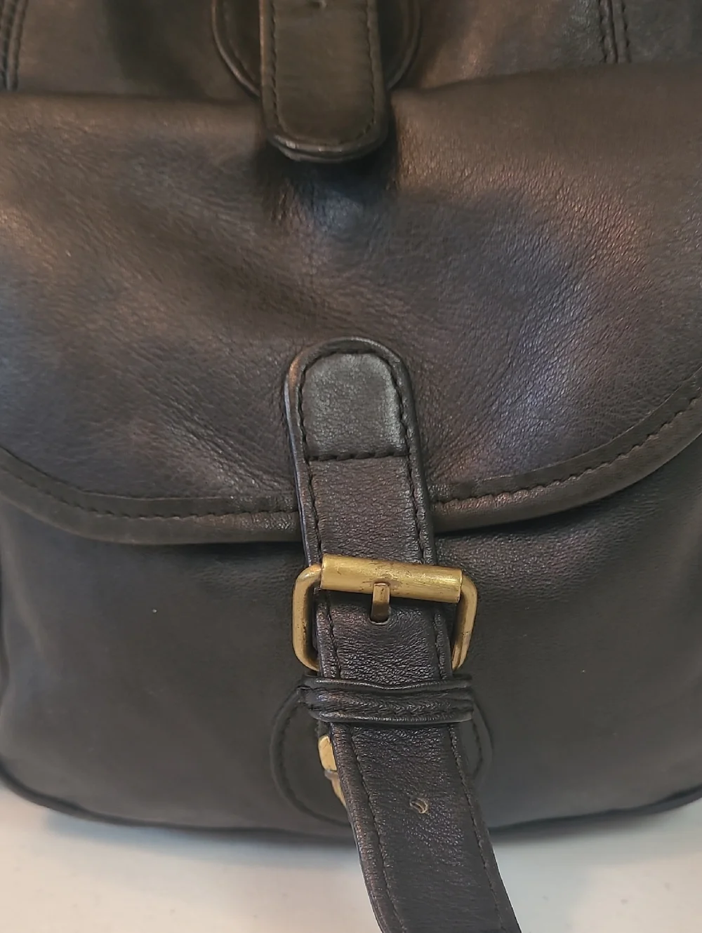 M. London Vintage Black Leather Patinaed Backpack Multi Pocket Drawstring Close