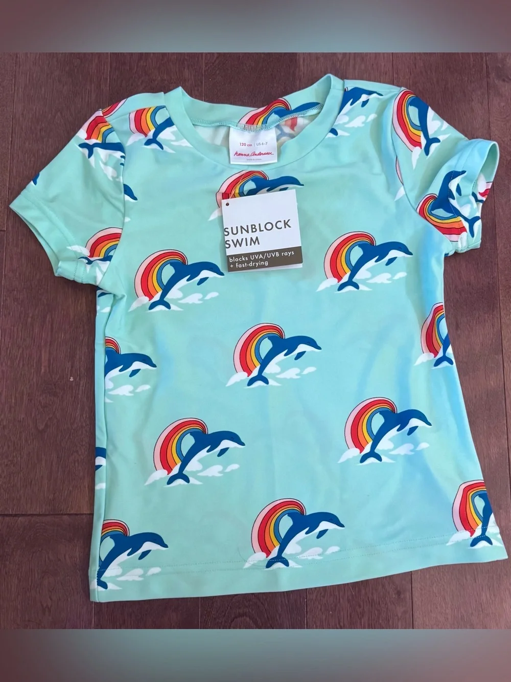 BNWT Hanna Andersson Kids Sunblock Swim Tee - Mint with Dolphin & Rainbow Print
