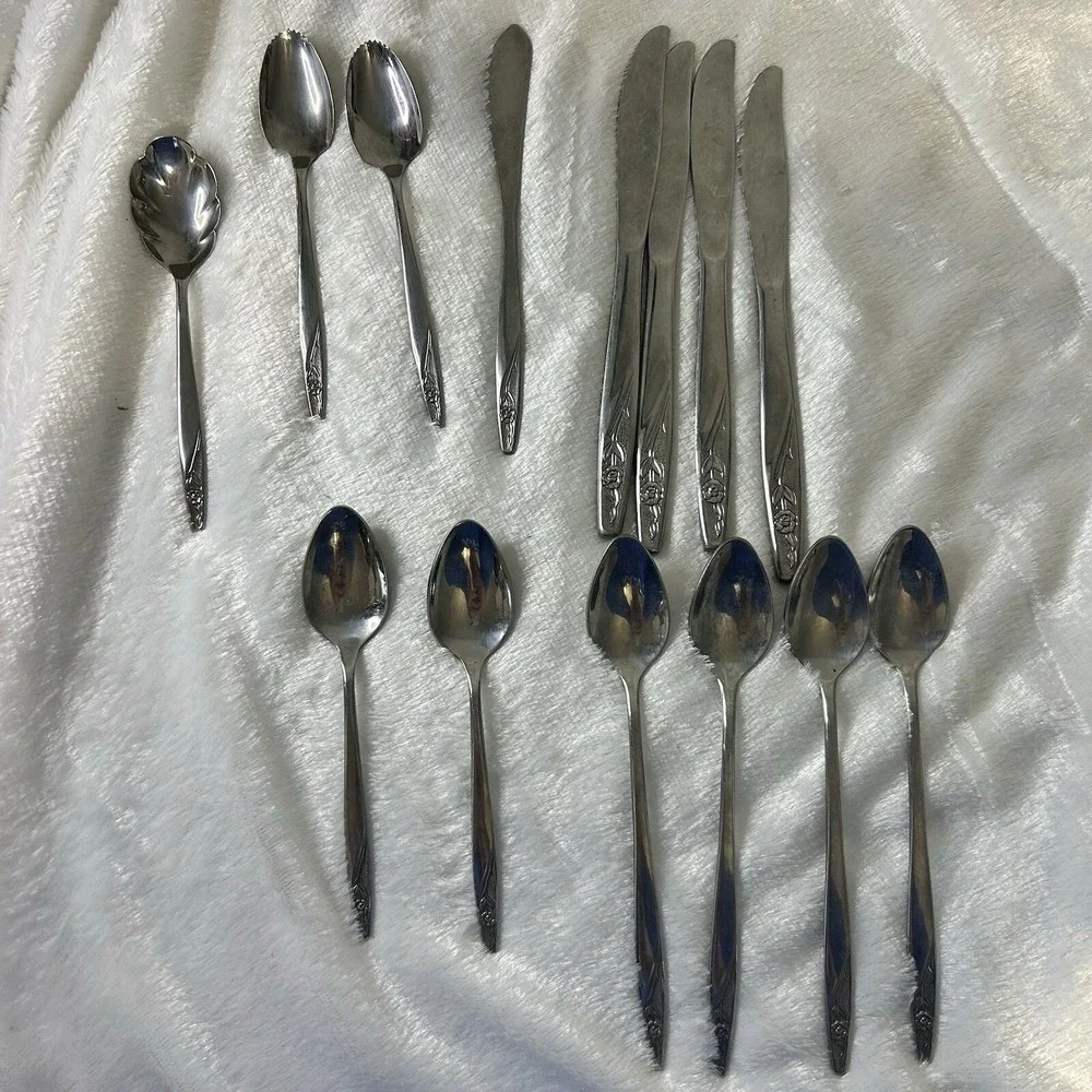 Vintage American Stainless USA 'IS'  14 Piece Lot Of Floral‎ Design Dinner Wear