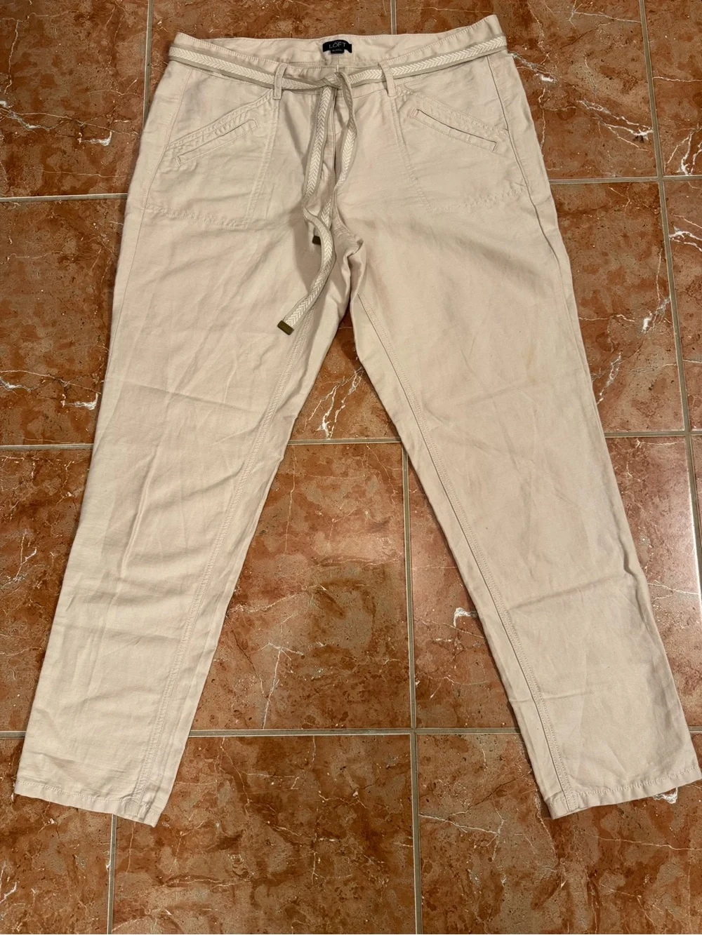 LOFT Marisa Cream Linen Cotton Blend Crop Pants Fold Up Capris Sz 10 Belt NWOT
