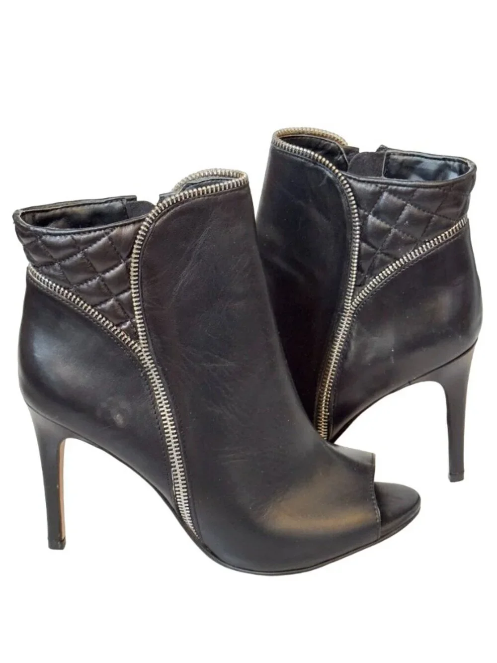 Halogen Black Leather Open-Toe Stiletto Ankle Boots With Zipper Detail Size 8M