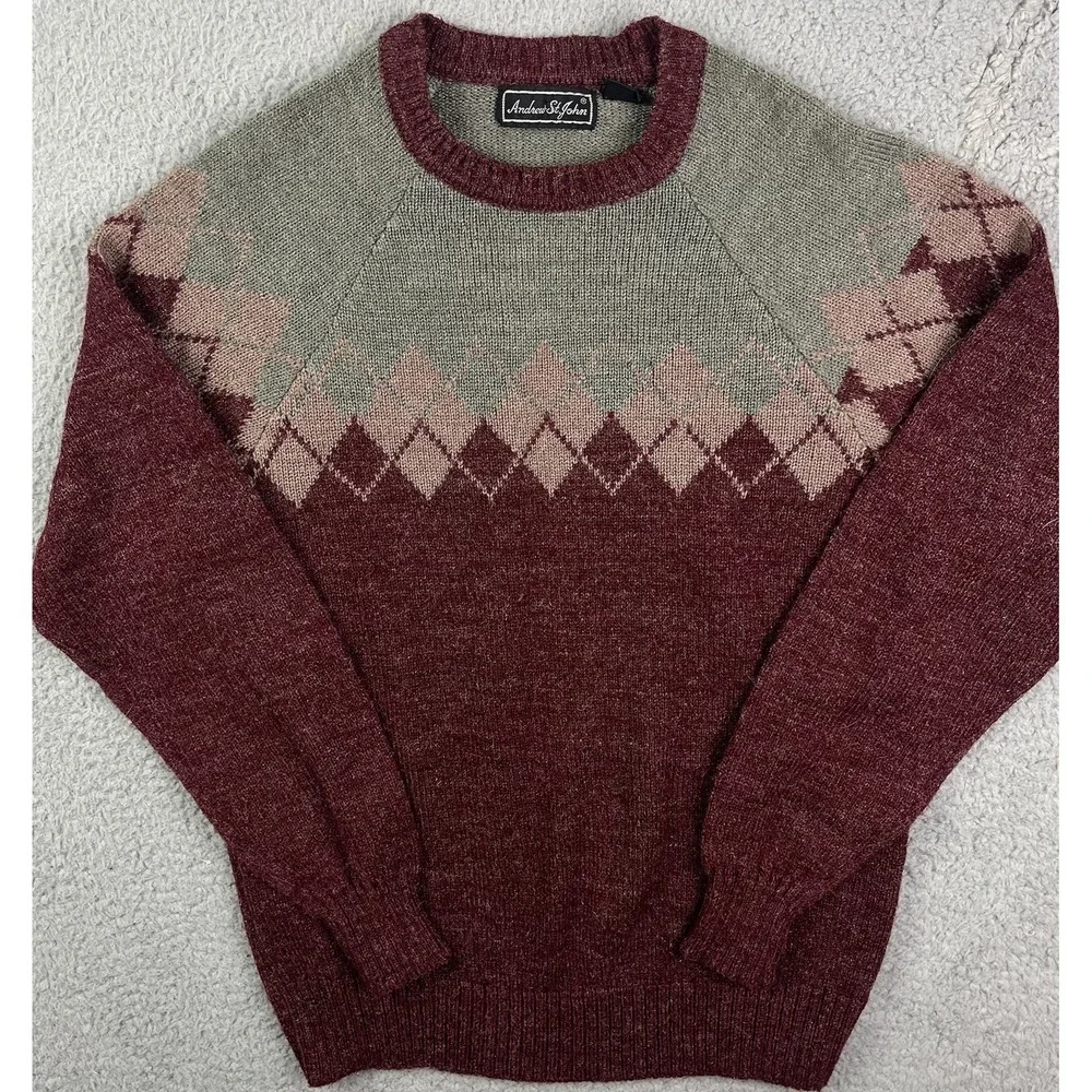 Vintage Andrew‎ St John Sweater Grey Red Patterned Acrylic Crewneck 90s Large