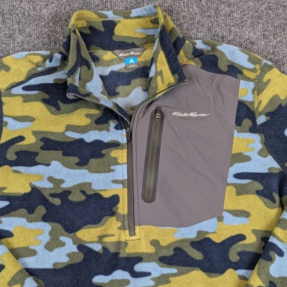 Eddie Bauer Mens Large 1/4 Zip Fleece Pullover Blue Green‎ Camo Pocket Logo
