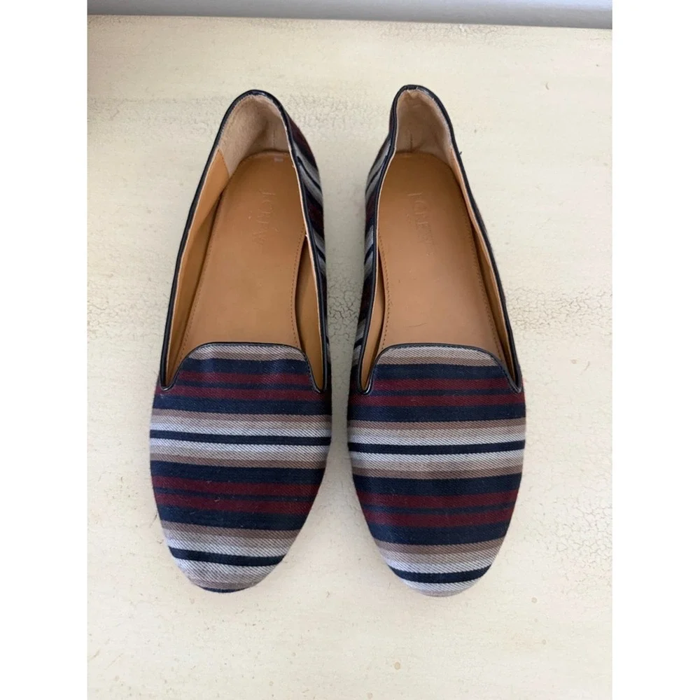 J. Crew Women's Sz 9.5 Striped Navy Burgundy and Gray‎ Slip-On Loafers