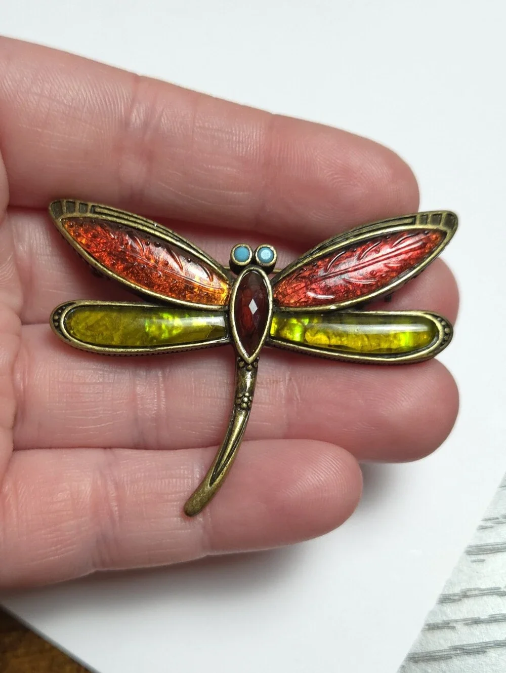 Vintage Liz Claiborne Red Lucite & Abalone Dragon Fly Brooch Antiqued Gold