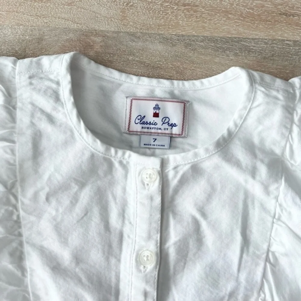 Classic Prep White Gemma‎ Preppy Ruffle Button Down Long Sleeve Shirt