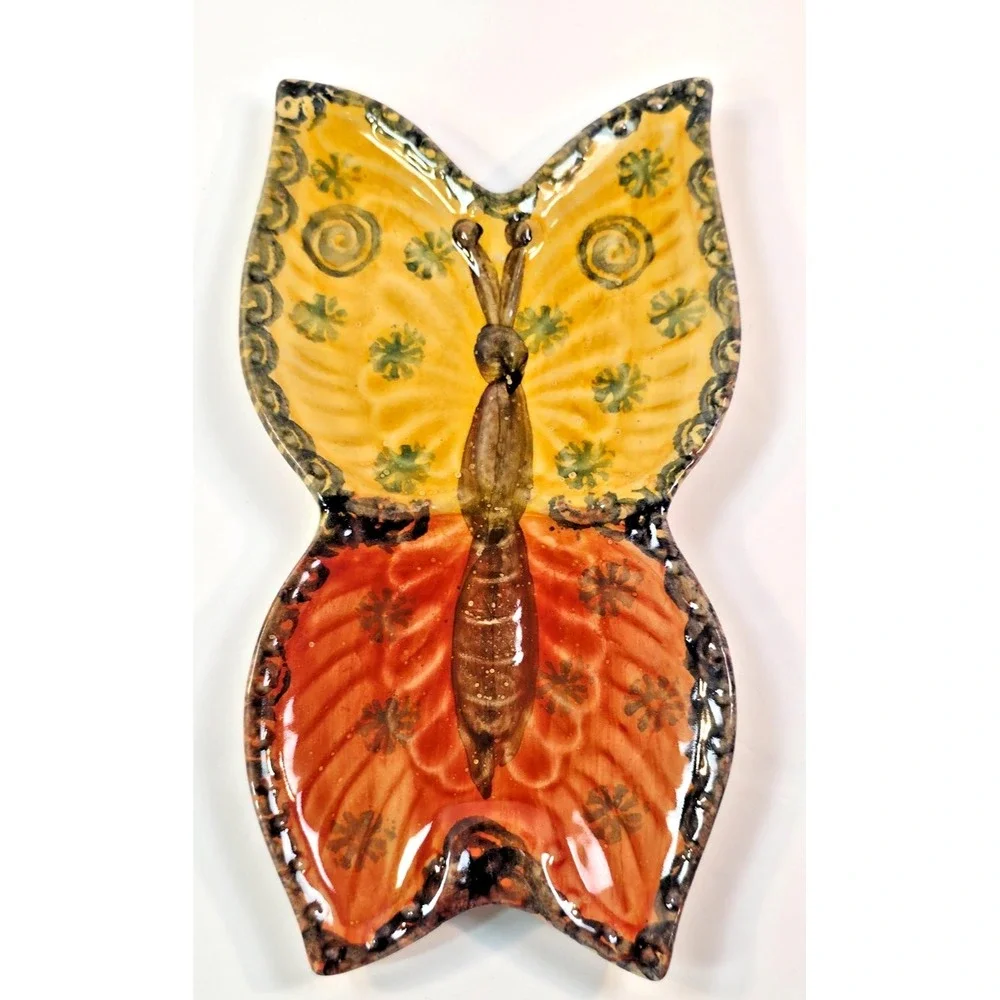 Italian Ceramic Butterfly‎ Wall Plaque Hand Painted Orange Yellow 9.25