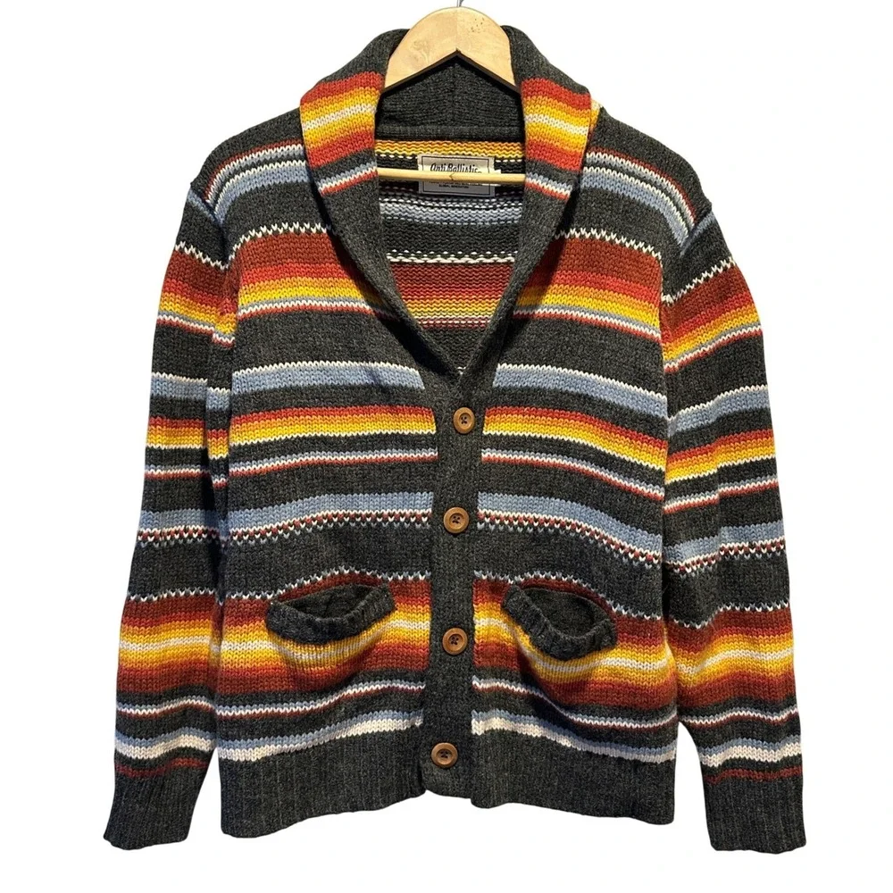 Vintage AntiBallistic Cardigan Sweater Men Large Striped Chunky Knit Grandpacore