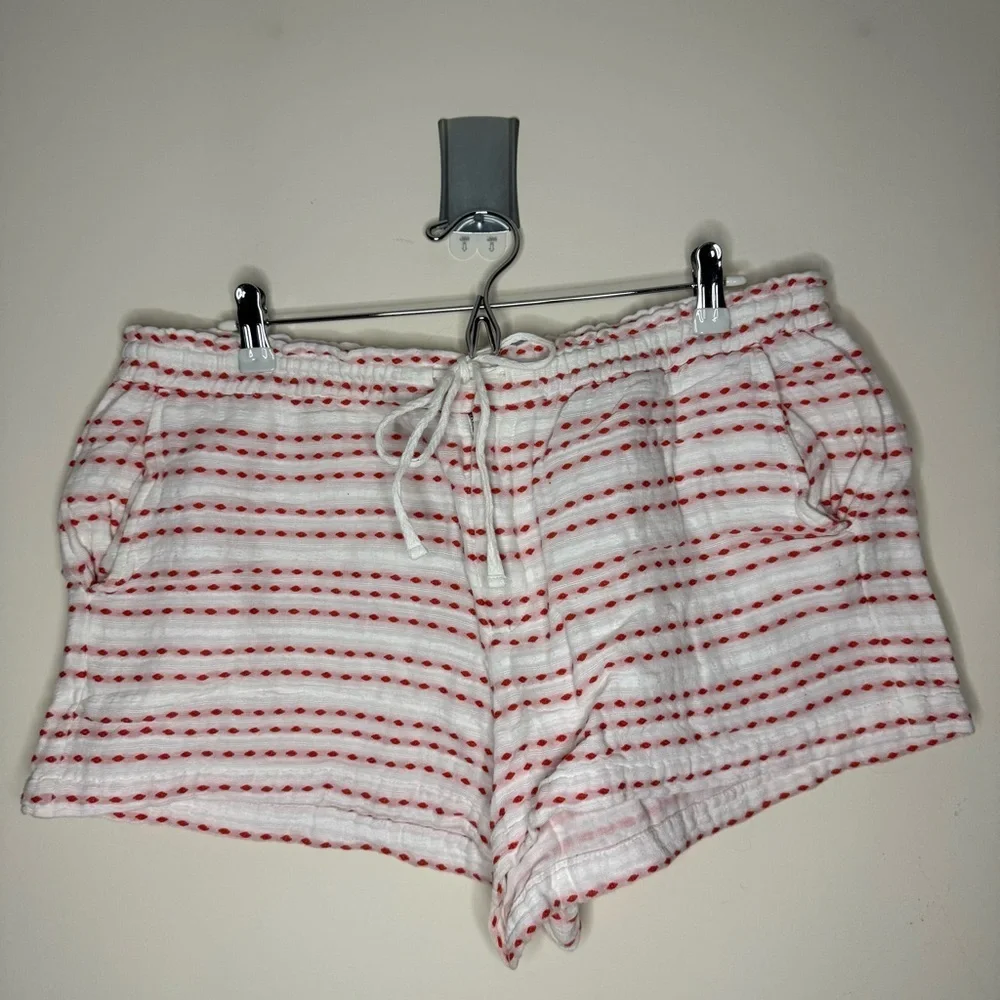 LOU & GREY 100% Cotton Beachy Boho Textured Red White Striped Drawstring Shorts