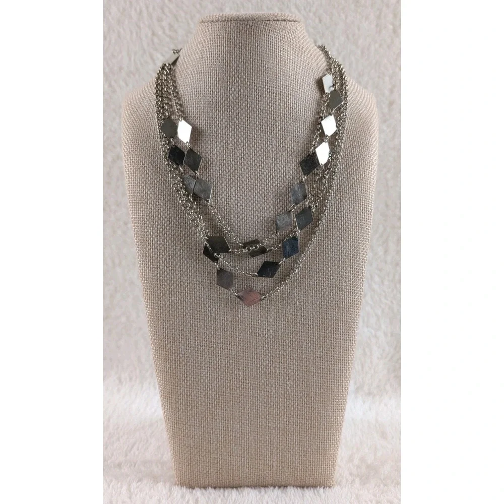 Silver Tone Multi Strand Layered Necklace Geometric Square Discs‎ Bib 34