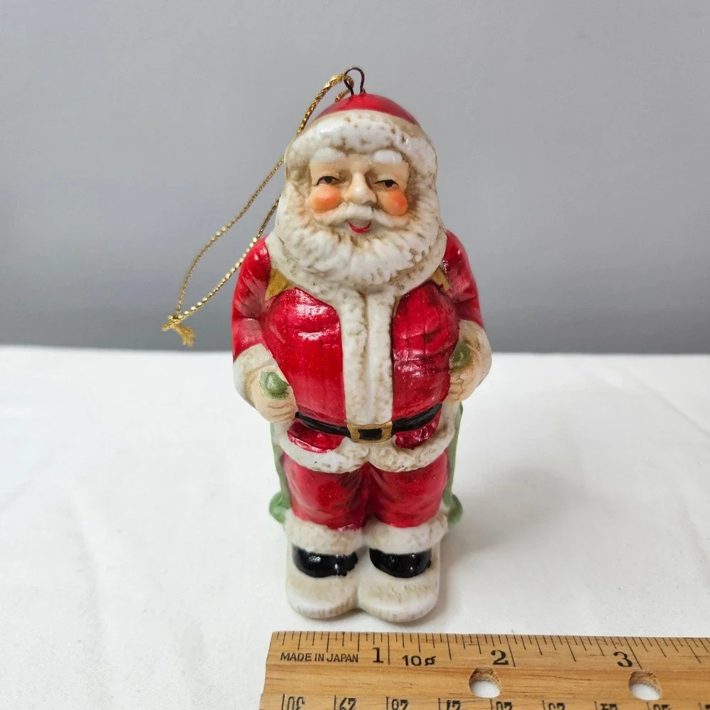 Vtg 1992‎ Santa Claus Ceramic Christmas Ornament Toy Sack Skies 4.5