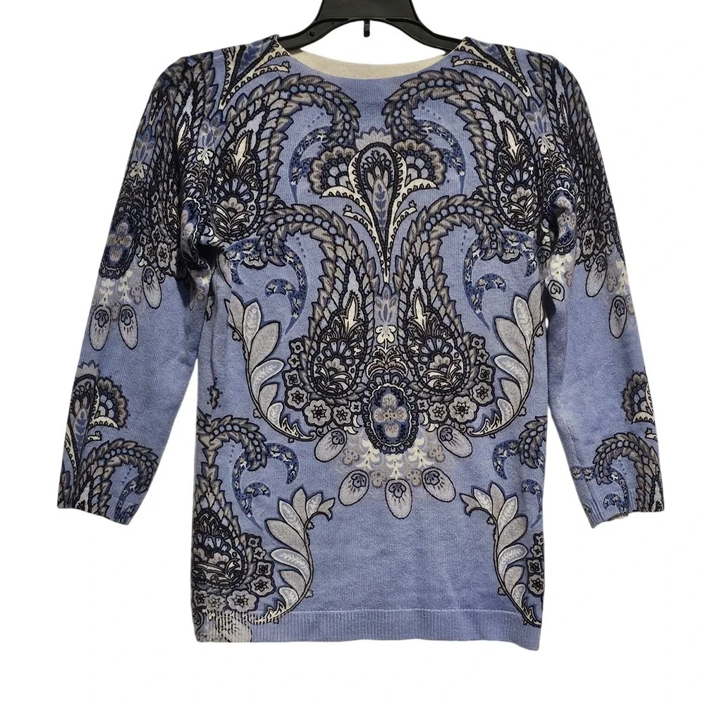 Talbots Pure Cashmere Paisley Print‎ 3/4 Sleeve Sweater XS Blue Gray