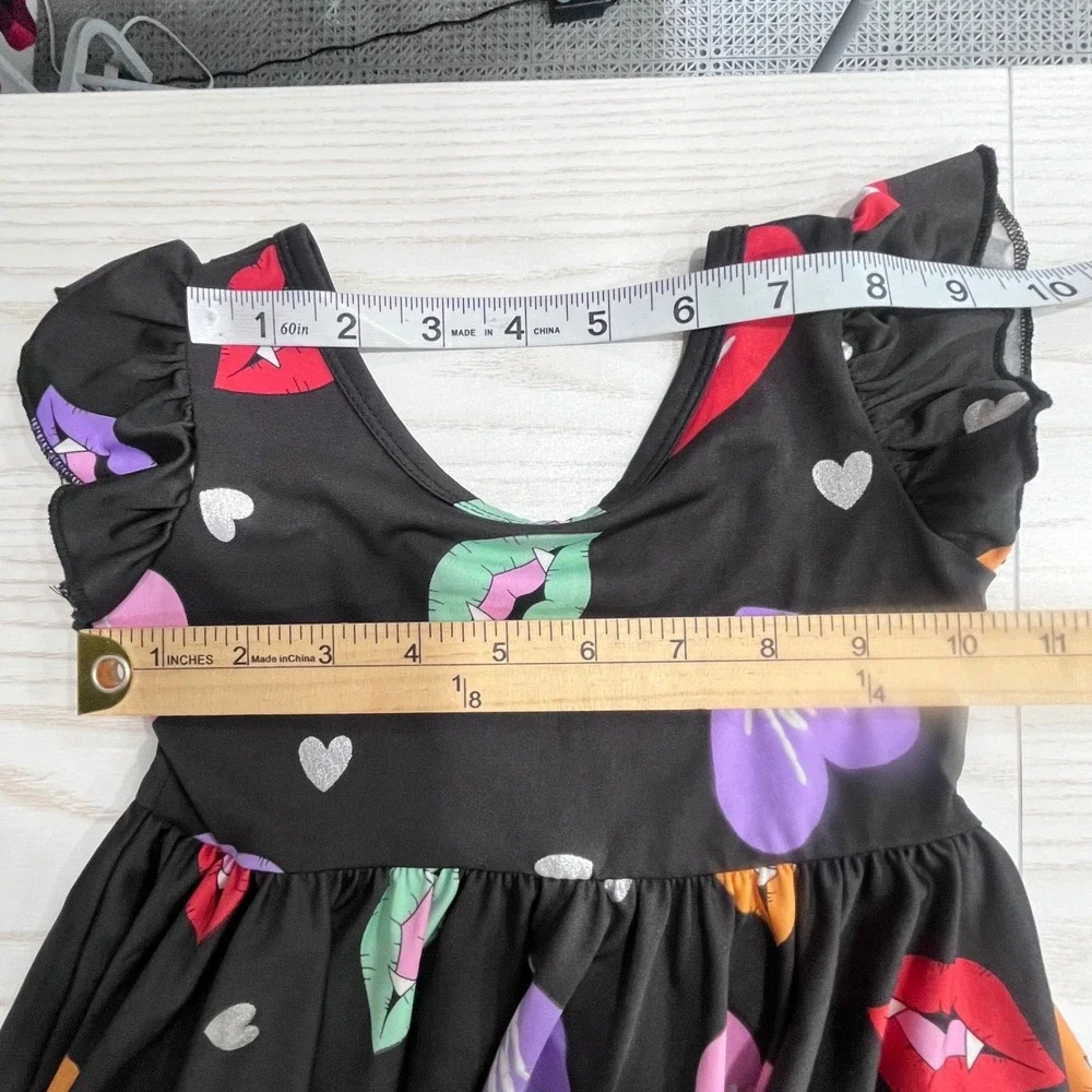 Dot Dot Smile‎ Dress Kids 2T Black Vampire Lips Hearts Flutter Sleeve Foil Print