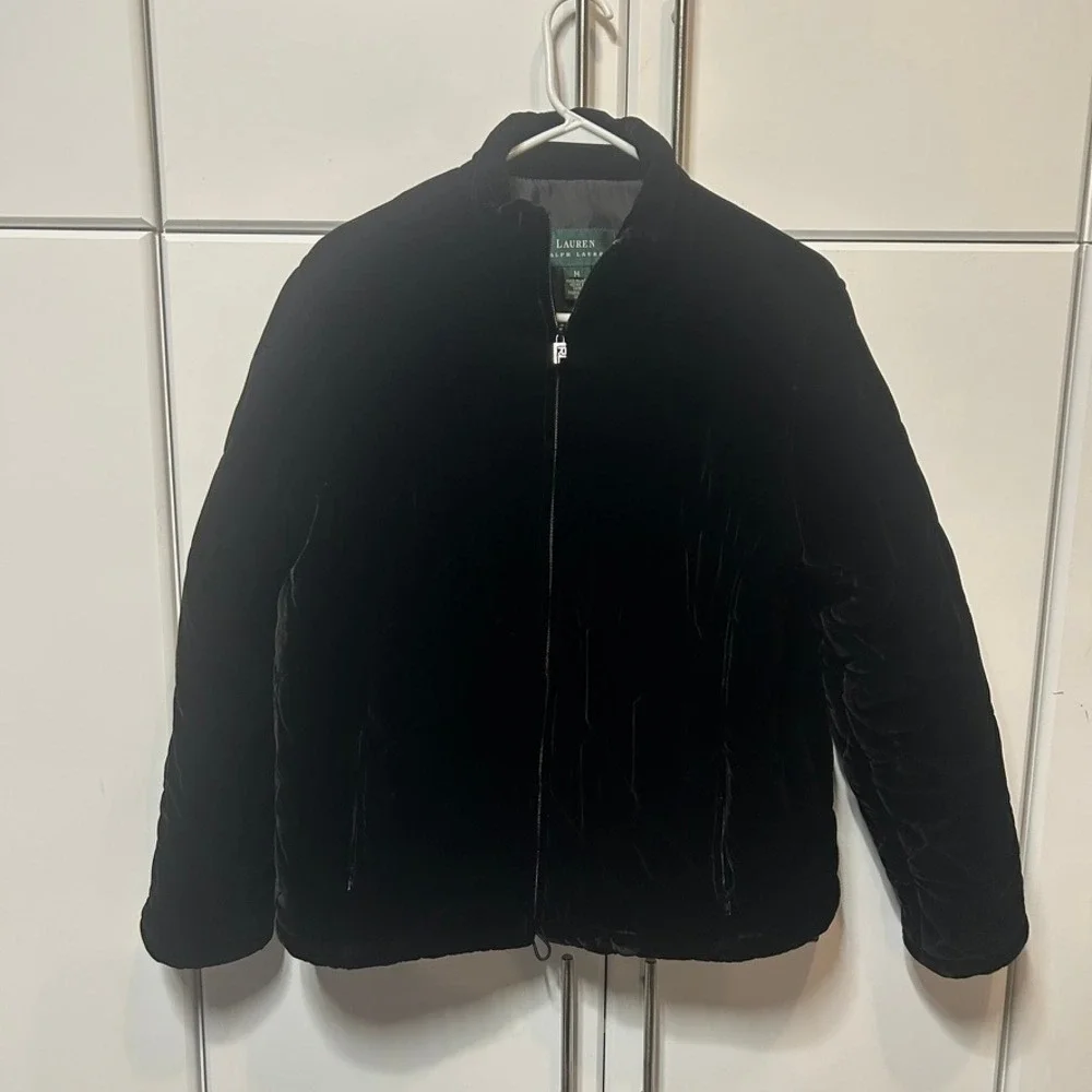 Lauren Ralph Lauren Black Velvet Puffer Jacket Silk Blend Quilted Coat Womens M