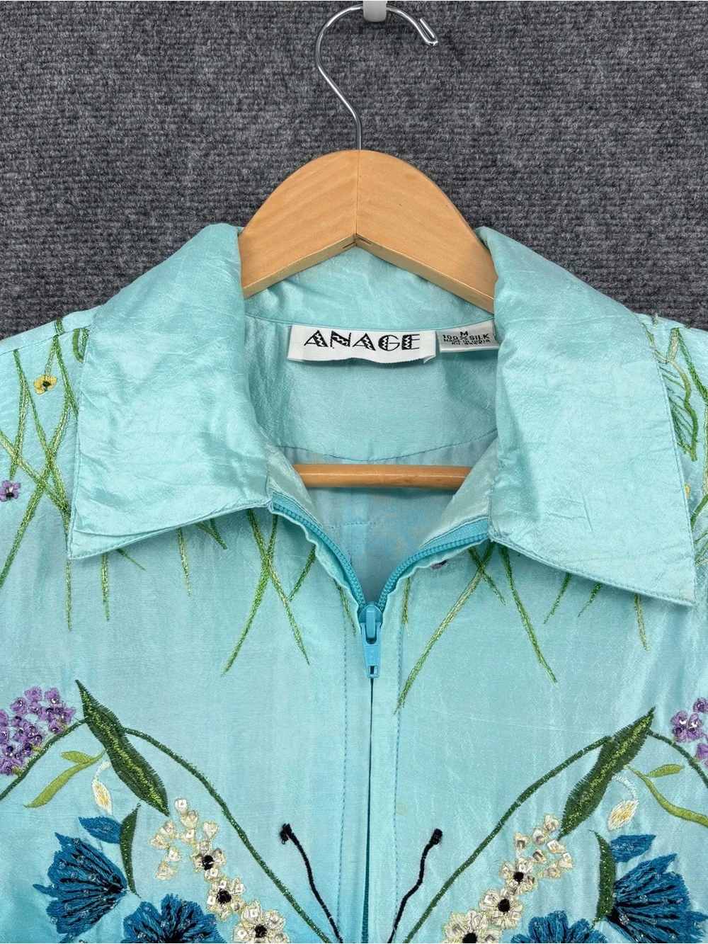 Anage 100% Silk Artsy Turquoise Ombré Beaded Embroidered Butterfly Jacket Size M