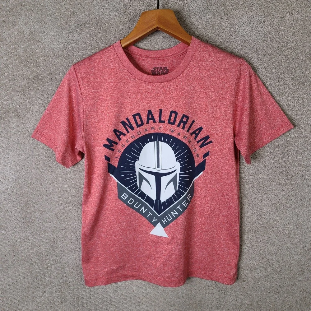 Star Wars Shirt Kids‎ L Red Mandalorian Graphic Tee Polyester Crew Neck Casual