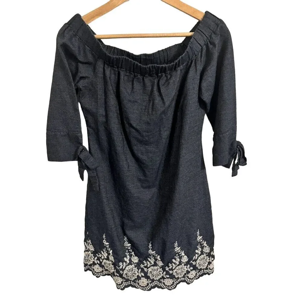 Jessica‎ Howard Off Shoulder Denim Chambray Floral Embroidered Dress Women's 6