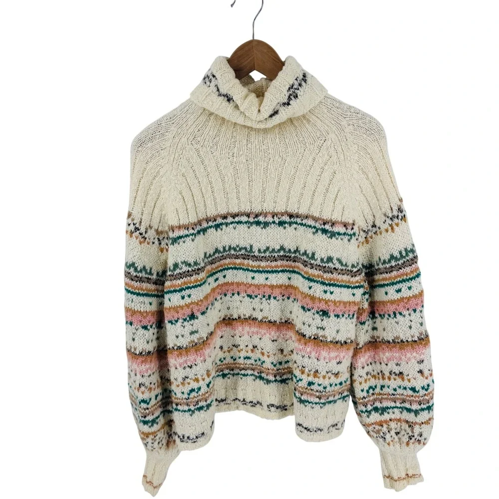 Pilcro Anthropologie Chunky Knit Fair Isle‎ Turtleneck Cream Size L Cozy Cottage