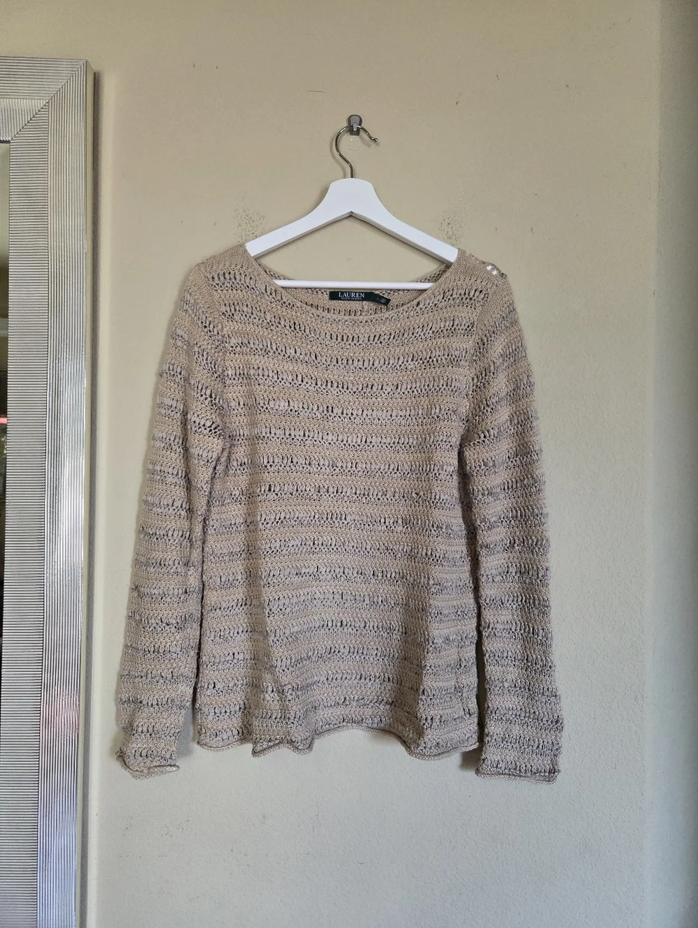 Lauren Ralph Lauren Beige Open-Knit Sweater Crochet Linen Blend