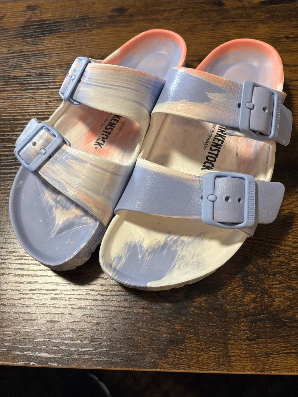 Birkenstock Arizona EVA Slides in Lavender, Coral and Cream Swirl