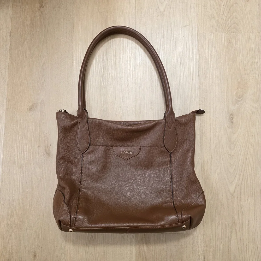 Lodis Brown Pebbled Leather Tote Bag Zip Top Work Office Shoulder‎ Purse Bag