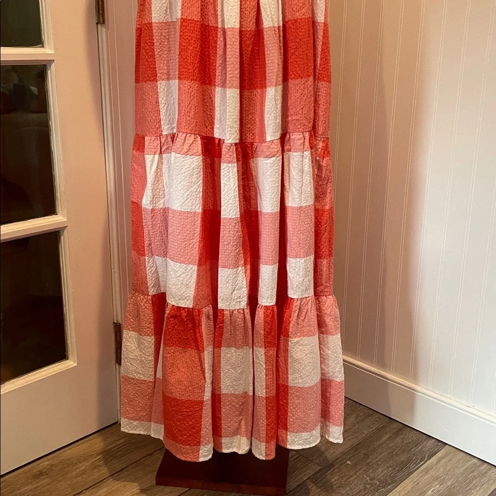 LOU & GREY Gingham Check Tiered Tank Midi Smocked Dress in Coral/White Size L