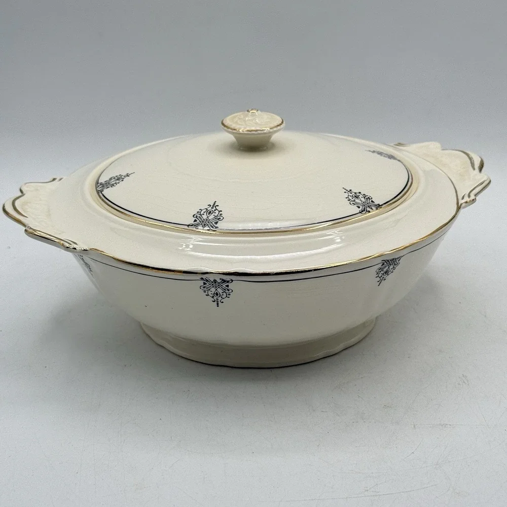 VTG 1940's Crown Potteries Co Covered Dish‎ - Vegetable Bowl - Gold Trim -