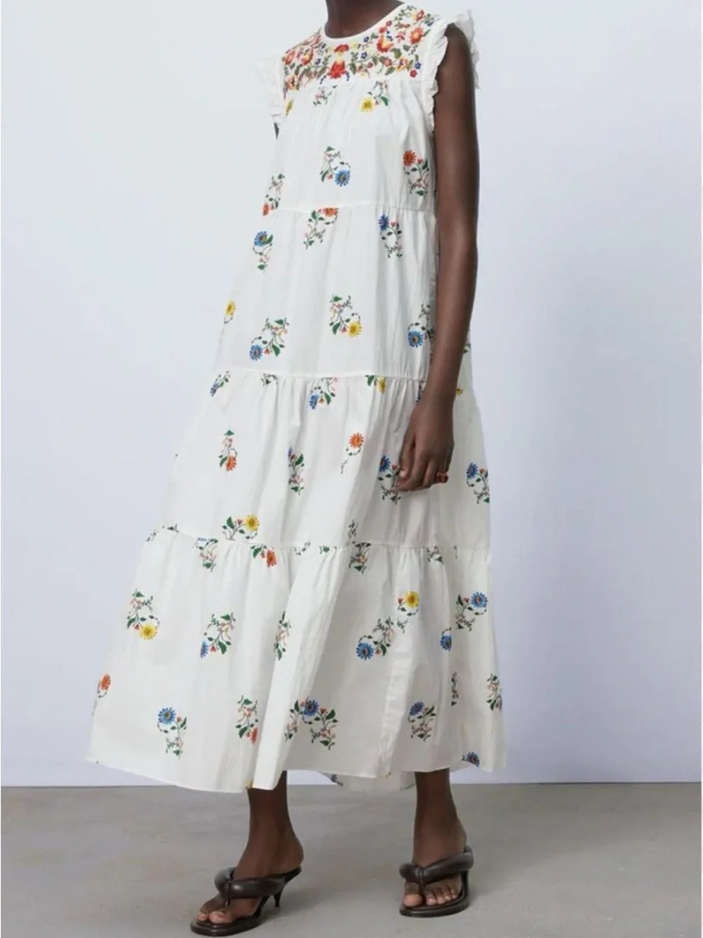 Zara Embroided bohemian White Floral Tiered Midi Dress