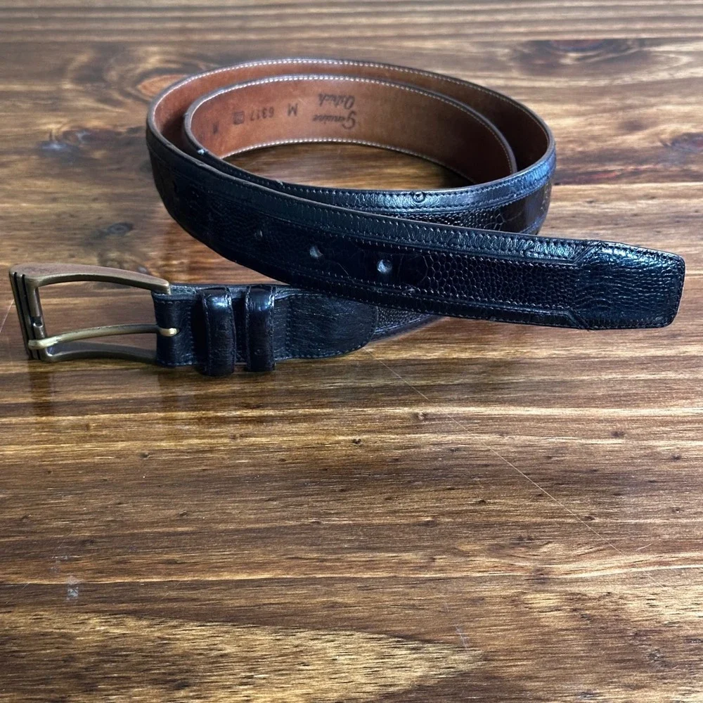 Avventura Mens Black Genuine Ostrich Leather Belt 38 Made in Spain Solid Brass