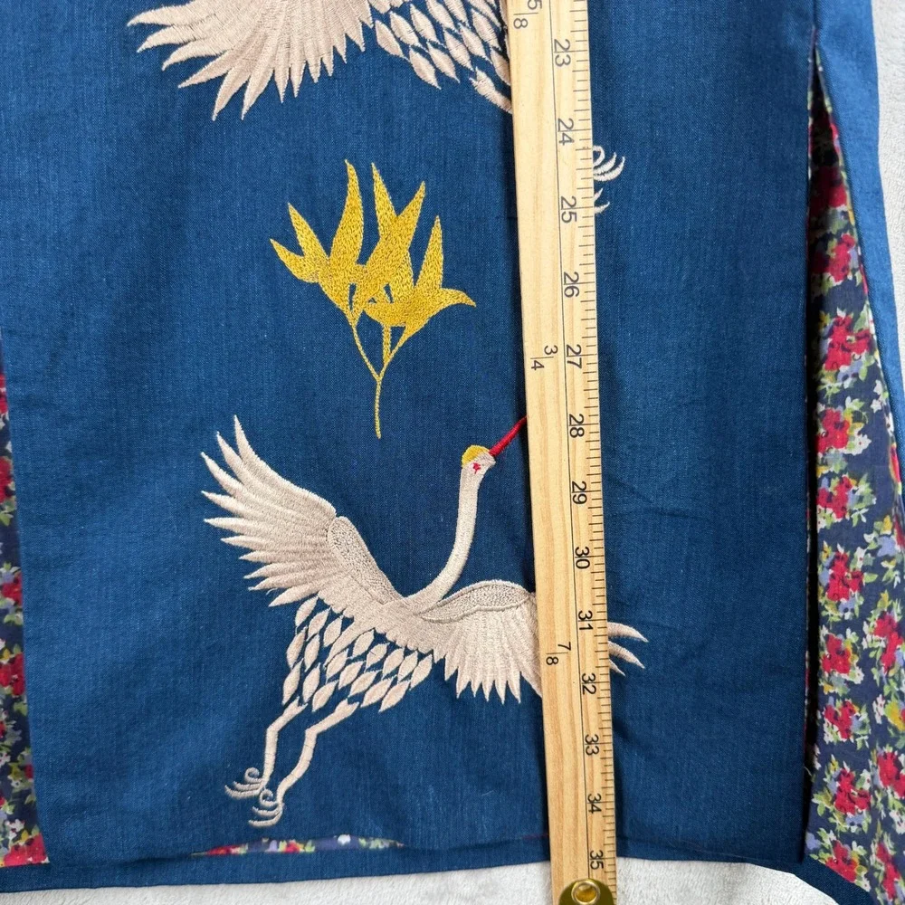 Vintage Blue Embroidered Crane Longline Vest Floral Lined Boho Asian Art