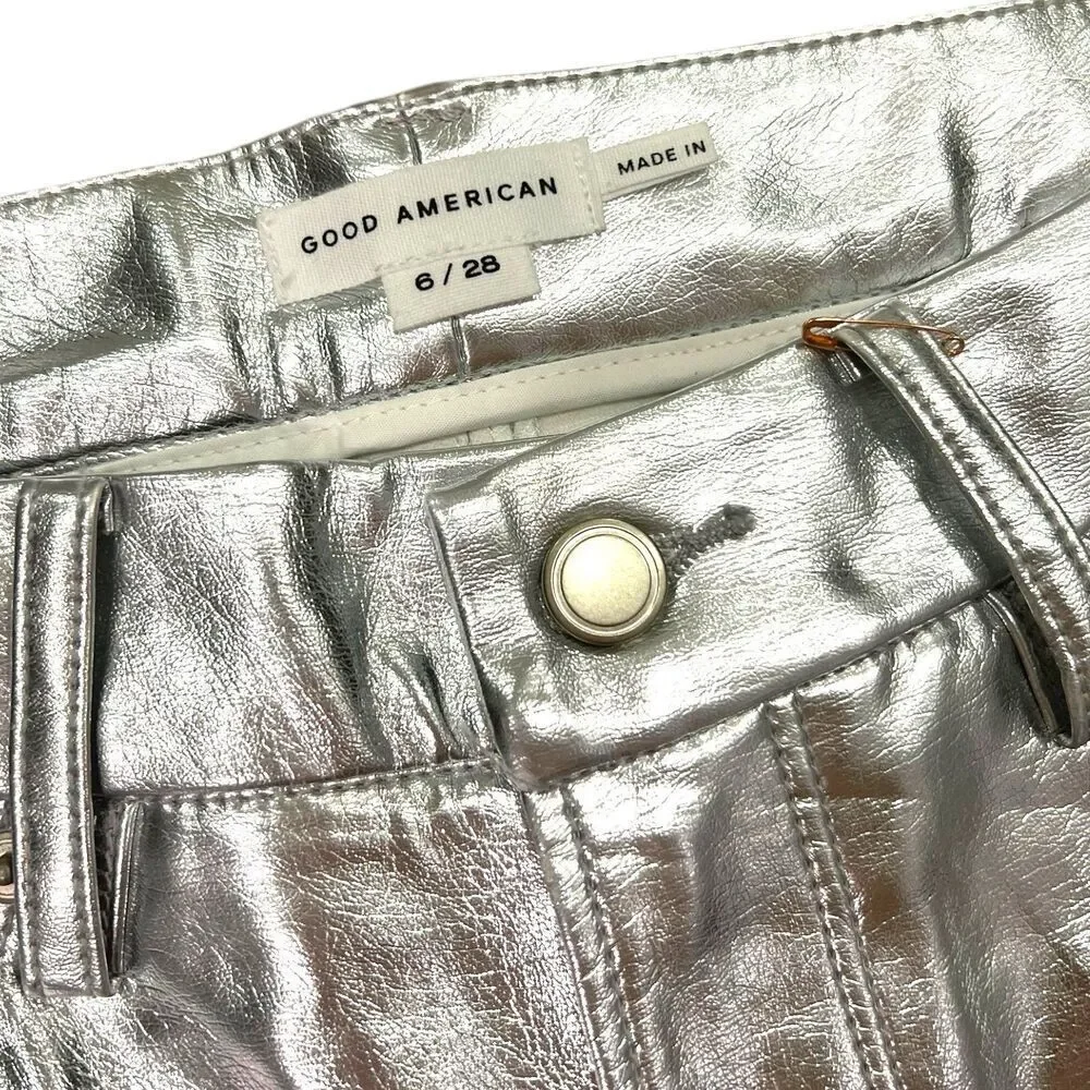 Good American Silver Good Icon Metallic Faux Leather Pants 6