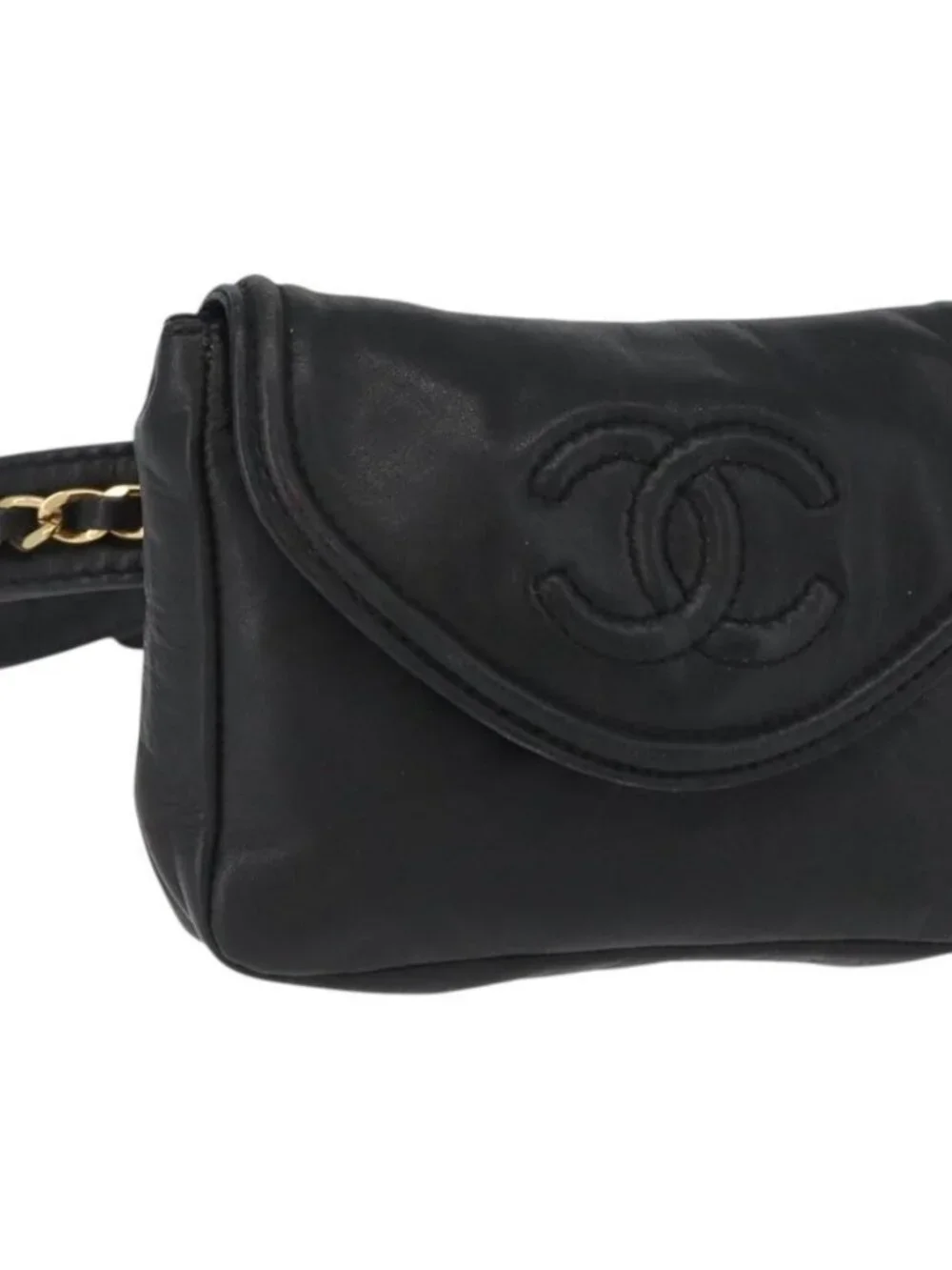 CHANEL COCO Mark Chain Waist Bag Lamb Skin Black Gold CC Auth BA11165