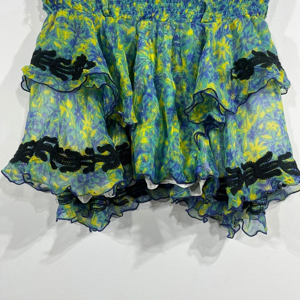 Poupette St Barth Silk Blend Floral Tiered Smocked Mini Skirt Size 0 Lettuce Hem