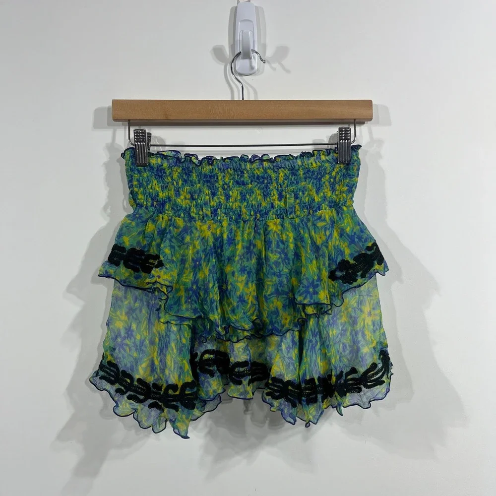 Poupette St Barth Silk Blend Floral Tiered Smocked Mini Skirt Size 0 Lettuce Hem