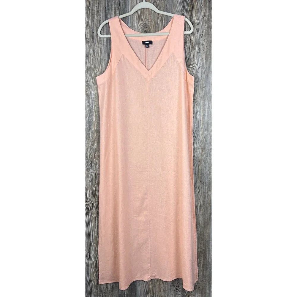 DKNY Peach A-Line Shift Dress L Linen Blend Side Slits Pullover Minimalist Beach