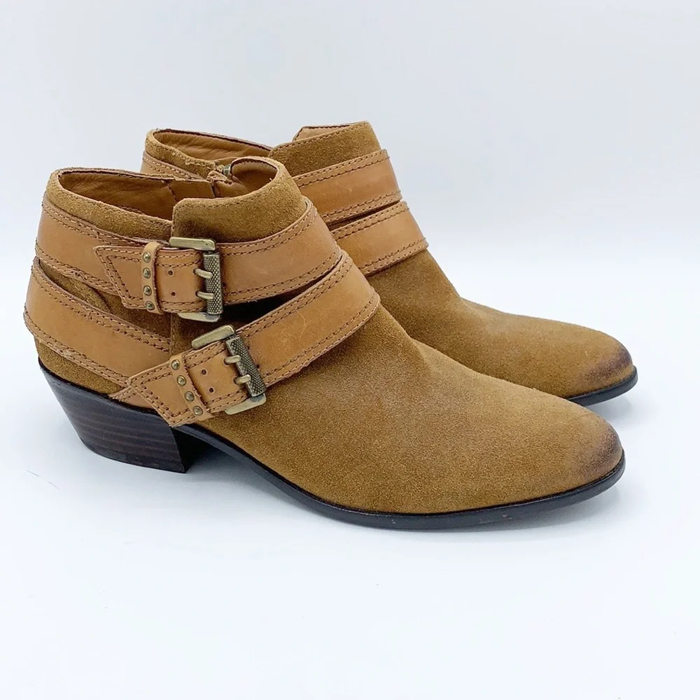 Sam Edelman Boots Womens 7M‎ Brown Suede Pippen Ankle Booties Buckle Straps