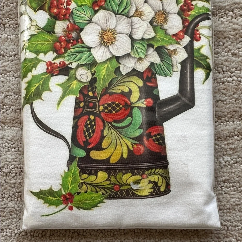 Mary Lake-Thompson Kitchen Flour Sack Dish Towel Holly Berries Watering Can