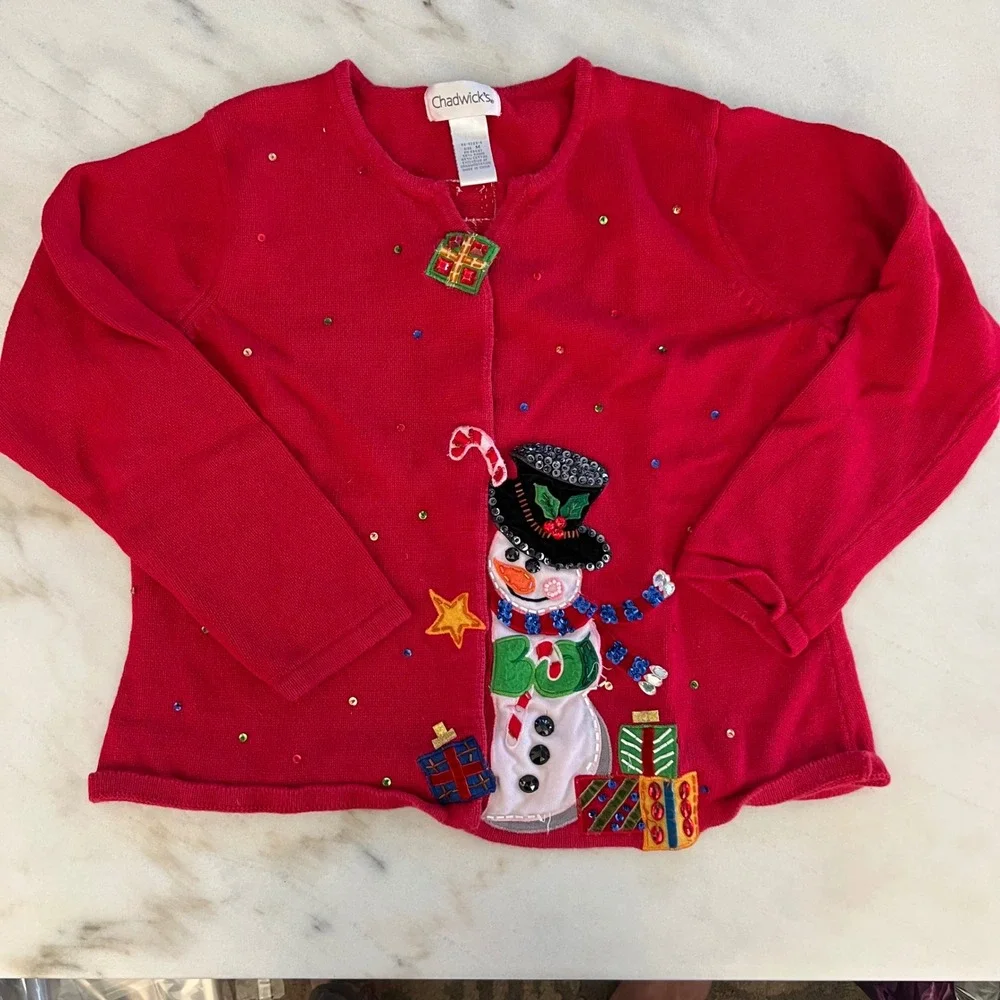 Chadwicks Red Snowman Sequin Beaded Ugly Christmas Sweater Cardigan Womens M‎