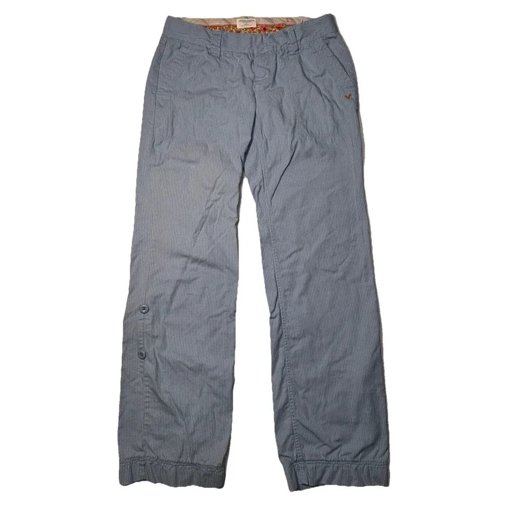 American‎ Eagle Size 4 Blue Pinstripe Cropped Pants Button Leg Cotton Comfort