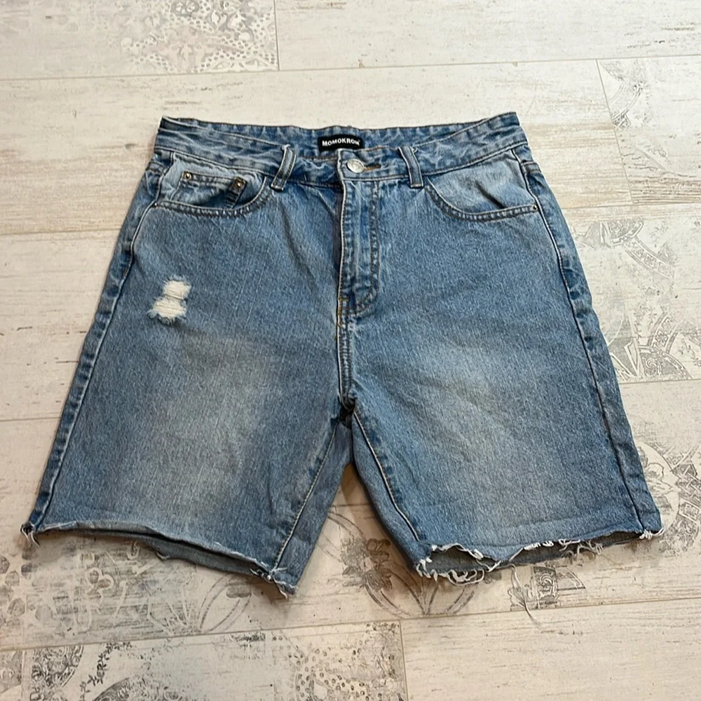 Momokrom Light Wash Distressed High Waist Cut Off Jean Shorts