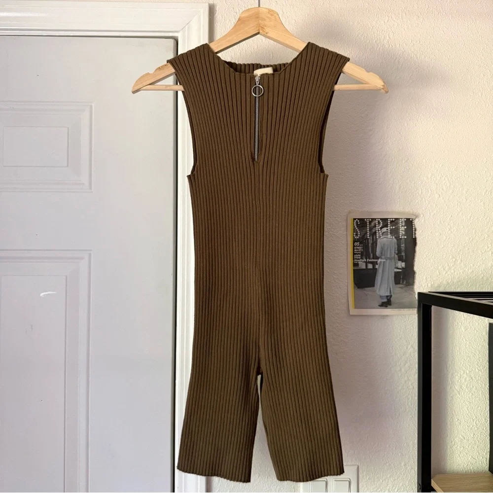 GIU GIU olive army khaki green rib ribbed chunky‎ knit sleeveless biker romper